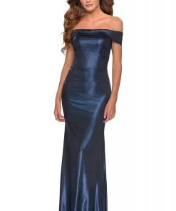 Formal Gowns La Femme - Metallic Off Shoulder Sheath Dress 28740SC - 2 Pc Navy In Size 0 And 12 Available