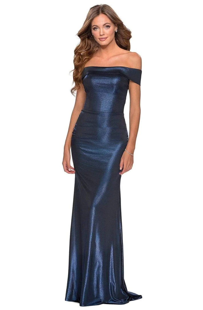 Formal Gowns La Femme - Metallic Off Shoulder Sheath Dress 28740SC - 2 Pc Navy In Size 0 And 12 Available 3 Formal Gowns La Femme - Metallic Off Shoulder Sheath Dress 28740SC - 2 Pc Navy In Size 0 And 12 Available