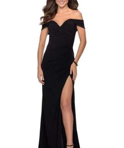 Formal Gowns La Femme - Off Shoulder Jersey Dress 28389SC - 1 Pc Navy In Size 10 Available