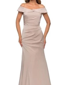 Formal Gowns La Femme - Off Shoulder Ruche-Ornate Trumpet Dress 28110SC - 1 Pc Champagne In Size 4 Available