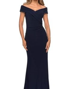 Formal Gowns La Femme - Pleat-Ornate Off Shoulder Jersey Dress 27959SC - 1 Pc Navy In Size 8 Available