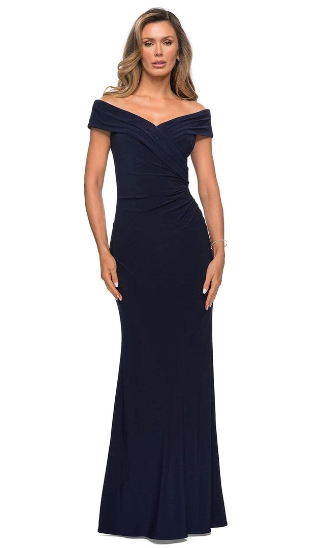 Formal Gowns La Femme - Pleat-Ornate Off Shoulder Jersey Dress 27959SC - 1 Pc Navy In Size 8 Available 3 Formal Gowns La Femme - Pleat-Ornate Off Shoulder Jersey Dress 27959SC - 1 Pc Navy In Size 8 Available