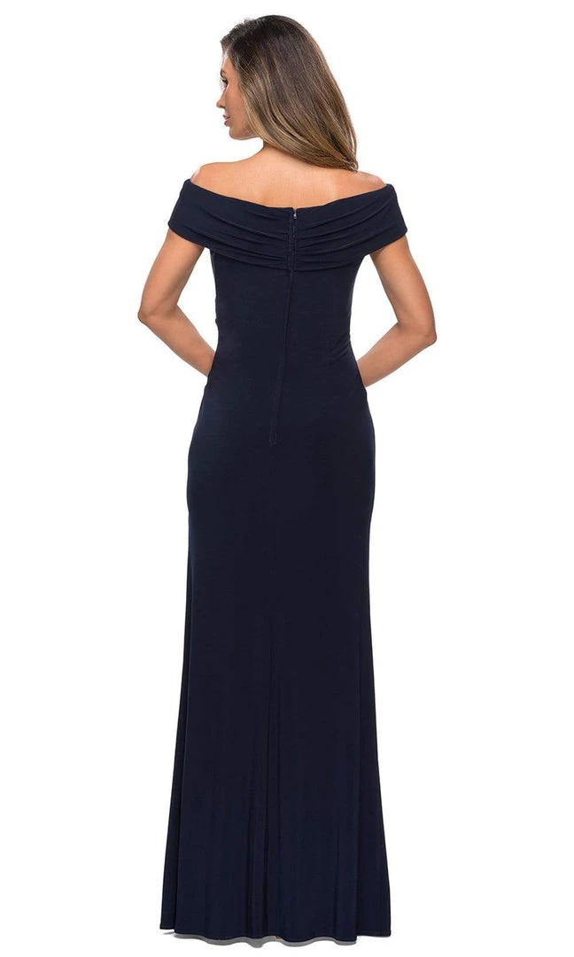 Formal Gowns La Femme - Pleat-Ornate Off Shoulder Jersey Dress 27959SC - 1 Pc Navy In Size 8 Available 5 Formal Gowns La Femme - Pleat-Ornate Off Shoulder Jersey Dress 27959SC - 1 Pc Navy In Size 8 Available