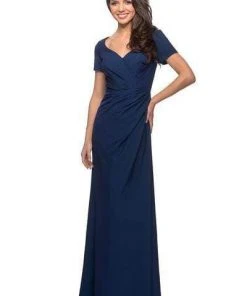 Formal Gowns La Femme - Pleat-Ornate Short Sleeve A-Line Dress 27855SC - 1 Pc Navy In Size 6 Available