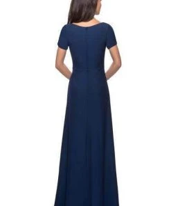 Formal Gowns La Femme - Pleat-Ornate Short Sleeve A-Line Dress 27855SC - 1 Pc Navy In Size 6 Available