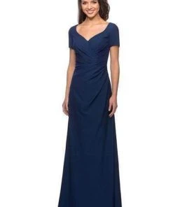 Formal Gowns La Femme - Pleat-Ornate Short Sleeve A-Line Dress 27855SC - 1 Pc Navy In Size 6 Available