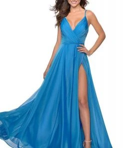 La Femme - Pleated Ornate Chiffon High Slit Dress 28611SC Formal Gowns
