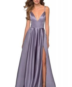 La Femme - Plunging V-Neck Fitted Satin A-Line Dress 28628SC Formal Gowns 9 La Femme - Plunging V-Neck Fitted Satin A-Line Dress 28628SC Formal Gowns