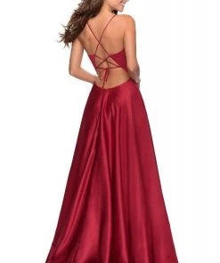 La Femme - Plunging V-Neck Fitted Satin A-Line Dress 28628SC Formal Gowns 7 La Femme - Plunging V-Neck Fitted Satin A-Line Dress 28628SC Formal Gowns