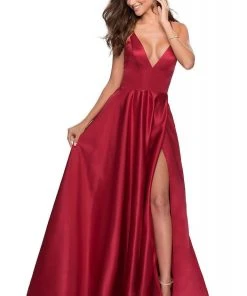 La Femme - Plunging V-Neck Fitted Satin A-Line Dress 28628SC Formal Gowns 8 La Femme - Plunging V-Neck Fitted Satin A-Line Dress 28628SC Formal Gowns