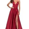 La Femme - Plunging V-Neck Fitted Satin A-Line Dress 28628SC Formal Gowns