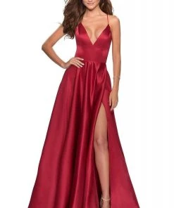La Femme - Plunging V-Neck Fitted Satin A-Line Dress 28628SC Formal Gowns