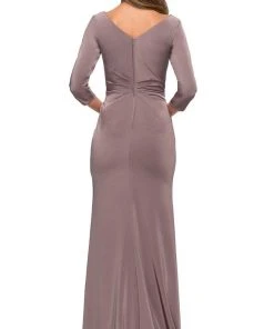 Formal Gowns La Femme - Quarter Sleeve Draped High Slit Dress 28197SC 10 Formal Gowns La Femme - Quarter Sleeve Draped High Slit Dress 28197SC