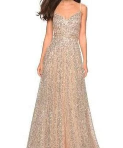 La Femme - Sequin-Ornate A-line Dress 27747SC - 1 Pc Gold In Size 14 Available