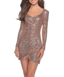 La Femme - Sequined Long Sleeve Sheath Dress 28219SC - 1 Pc Rose Gold In Size 14 Available Cocktail Dresses