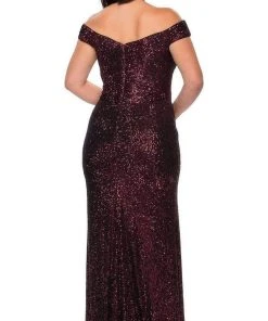 La Femme - Sequined Off-Shoulder Sheath Dress 28795SC - 1 Pc Wine In Size 12W Available Formal Gowns