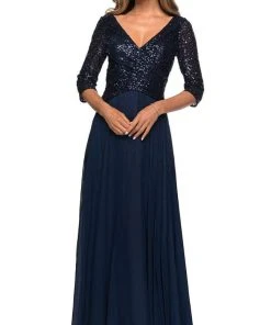 La Femme - Sequined Quarter Length Sleeve Gown 27998SC Formal Gowns