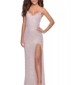 Formal Gowns La Femme - Sequined V-Neck Dress With Slit 28441SC - 1 Pc Champagne In Size 2 Available