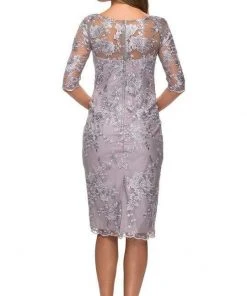 La Femme - Sheer Neckline And Sleeves Floral Lace Sheath Knee-Length Dress 27895SC - 1 Pc Lavender/Gray In Size 10 Available 6 La Femme - Sheer Neckline And Sleeves Floral Lace Sheath Knee-Length Dress 27895SC - 1 Pc Lavender/Gray In Size 10 Available