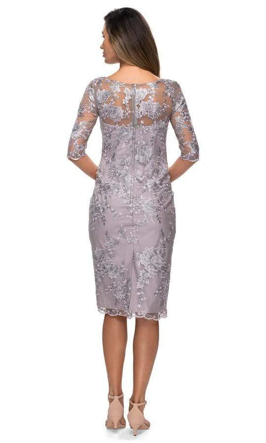 La Femme - Sheer Neckline And Sleeves Floral Lace Sheath Knee-Length Dress 27895SC - 1 Pc Lavender/Gray In Size 10 Available 4 La Femme - Sheer Neckline And Sleeves Floral Lace Sheath Knee-Length Dress 27895SC - 1 Pc Lavender/Gray In Size 10 Available