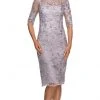 La Femme - Sheer Neckline And Sleeves Floral Lace Sheath Knee-Length Dress 27895SC - 1 Pc Lavender/Gray In Size 10 Available