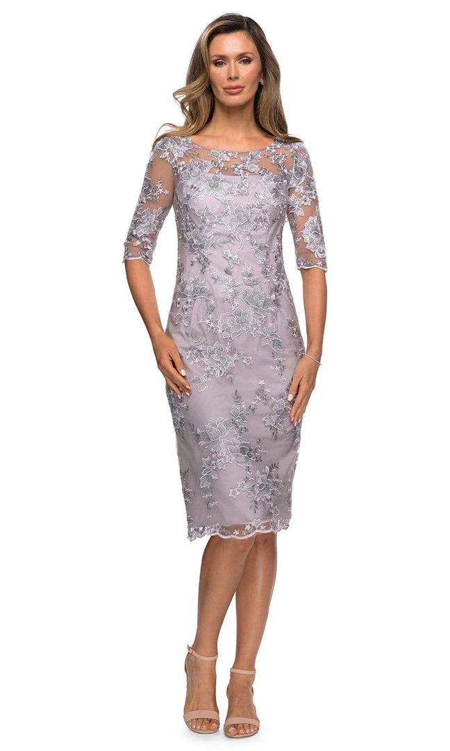 La Femme - Sheer Neckline And Sleeves Floral Lace Sheath Knee-Length Dress 27895SC - 1 Pc Lavender/Gray In Size 10 Available 3 La Femme - Sheer Neckline And Sleeves Floral Lace Sheath Knee-Length Dress 27895SC - 1 Pc Lavender/Gray In Size 10 Available