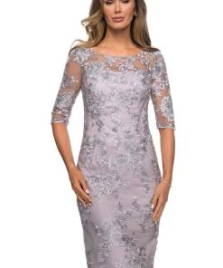 La Femme - Sheer Neckline And Sleeves Floral Lace Sheath Knee-Length Dress 27895SC - 1 Pc Lavender/Gray In Size 10 Available 7 La Femme - Sheer Neckline And Sleeves Floral Lace Sheath Knee-Length Dress 27895SC - 1 Pc Lavender/Gray In Size 10 Available