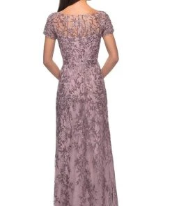 La Femme - Short Sleeve Embellished Bateau Sheath Dress 27956SC - 2 Pcs Dusty Lilac In Sizes 4 And 12 Available