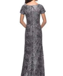 La Femme - Short Sleeve Floral Bateau Evening Dress 27884SC - 2 Pcs Gunmetal In Size 16 And 18 Available Formal Gowns