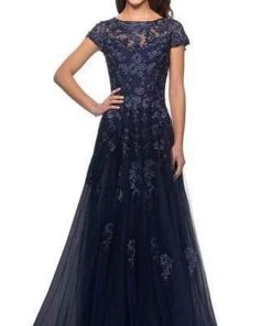 Formal Gowns La Femme - Short Sleeves Lace Tulle Evening Gown 26907SC - 1 Pc Navy In Size 16 Available