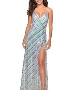 Formal Gowns La Femme - Sleeveless Spaghetti Straps Sequin A-Line Dress 28717SC - 1 Pc White/Multi In Size 10 Available