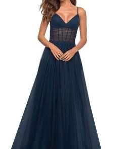Formal Gowns La Femme - Spaghetti Strap A-Line Prom Gown 30334SC - 1 Pc Navy In Size 6 Available