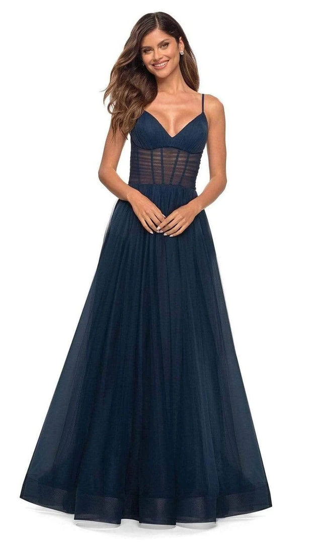 Formal Gowns La Femme - Spaghetti Strap A-Line Prom Gown 30334SC - 1 Pc Navy In Size 6 Available 3 Formal Gowns La Femme - Spaghetti Strap A-Line Prom Gown 30334SC - 1 Pc Navy In Size 6 Available