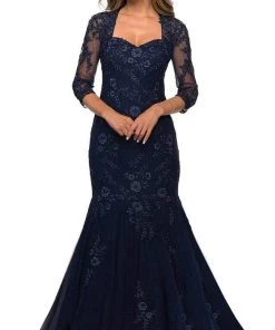 Formal Gowns La Femme - Square Neck Lace Embroidered Mermaid Gown 28033SC