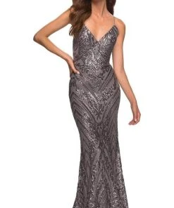 Formal Gowns La Femme - Strappy Back Sequin Prom Gown 30496SC - 1 Pc Gunmetal In Size 2 Available
