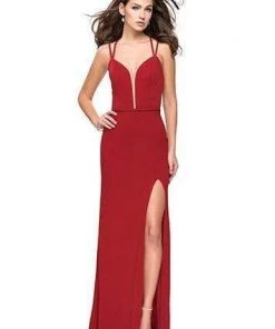 La Femme - Strappy Deep V-neck Sheath Dress 26023SC - 1 Pc Red In Size 0 Available Formal Gowns