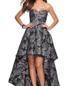 Formal Gowns La Femme - Sweetheart Jacquard High Low Dress 27468SC - 1 Pc Black/Silver In Size 2 Available 7 Formal Gowns La Femme - Sweetheart Jacquard High Low Dress 27468SC - 1 Pc Black/Silver In Size 2 Available