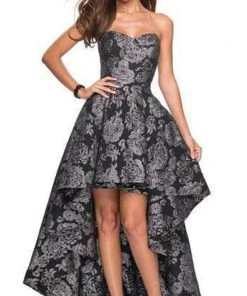 Formal Gowns La Femme - Sweetheart Jacquard High Low Dress 27468SC - 1 Pc Black/Silver In Size 2 Available