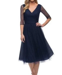 La Femme - V-Neck Knee-Length Cocktail Dress 29229 - 1 Pc Navy In Size 4 And 1 Pc Black In Size 12 Available Cocktail Dresses