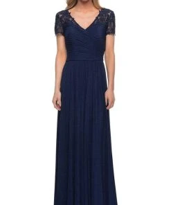 La Femme - V-Neck Ruched Evening Dress 29772SC - 1 Pc Silver In Size 12 Available