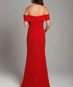 Formal Gowns Lara Dresses - 29850 Bedazzled Off-Shoulder Sheath Dress With Train