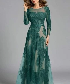 Lara Dresses - 32634 Detailed Sheer Floral Gown In Green
