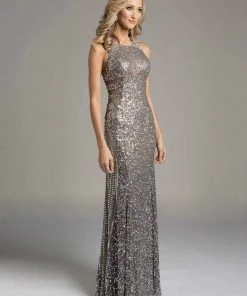Lara Dresses - 33002 Halter Neck Sheer Panel Silver Evening Gown