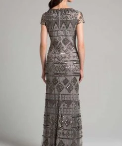 Lara Dresses - 33037 Geometric Short Sleeves Sheath Long Dress Formal Gowns