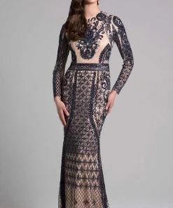 Lara Dresses - 33038 Long Sleeves Jewel Neck Sheath Long Dress Formal Gowns