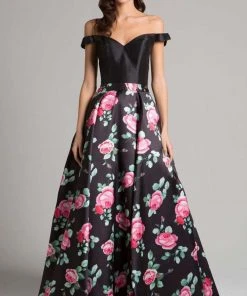 Formal Gowns Lara Dresses - 33207 Floral Off Shoulder A-line Dress
