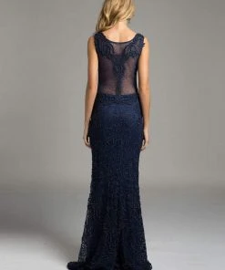 Lara Dresses - 33227 Sheer Bateau Illusion Sheath Evening Gown Formal Gowns