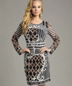 Cocktail Dresses Lara Dresses - 33264 Sassy Beaded Long Sleeve Cocktail Dress