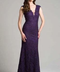 Lara Dresses - 33286 Beaded Lace V-neck Dress