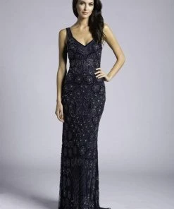 Lara Dresses - 33542 Bead Embellished V-neck Sheath Dress